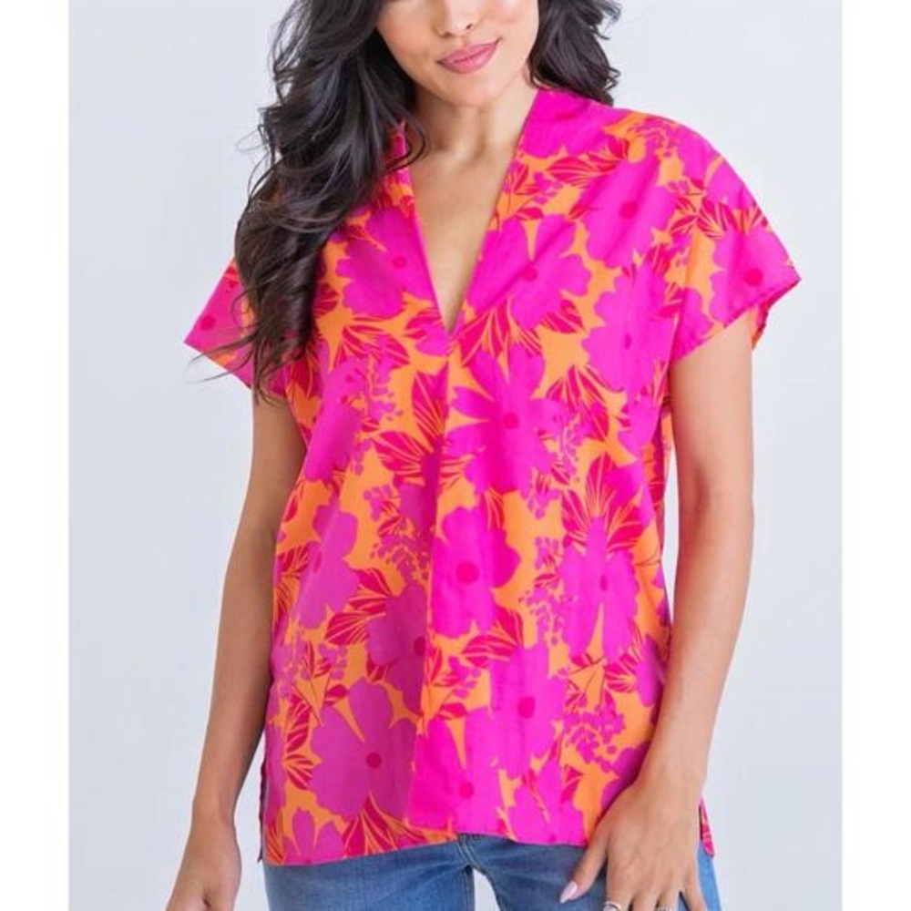Pink and orange vibrant v neck sleeveless top
